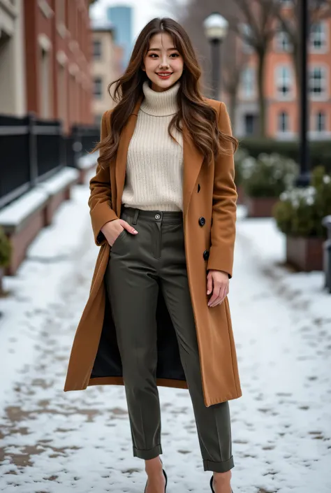 wearing knit and long coat,pumps,fullbody photo,photo by NIKON,smile,Girl long pants style