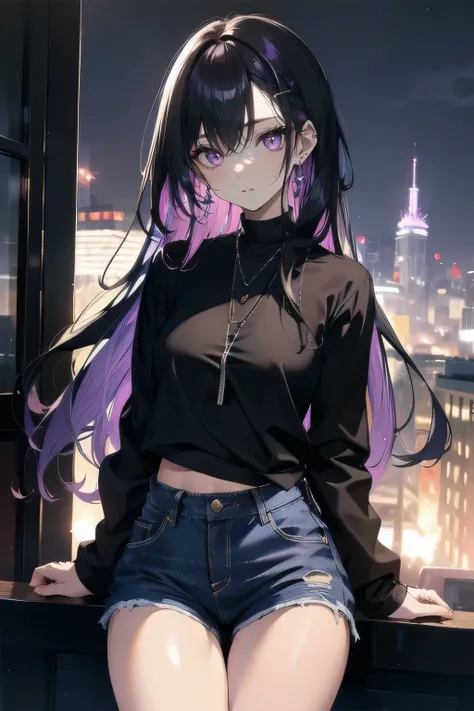 (masterpiece), (best quality), ultra detailed, finely detailed color, cenematic painting, bishoujo, model, ((one lady)), 20 years old, cute face, black hair, absurdly long hair, straight hair, violet eyes, purple eyes, standing, chocker, (black hood zip-up...