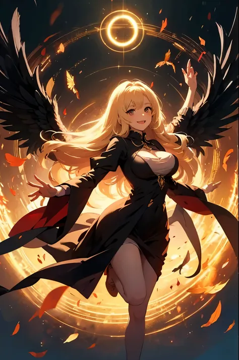  blonde, long hair, beautiful eyes,Angel,Big Breasts, black wings,single,whole body,Circle of Light, Magic Rim, golden dress, gisol, European style,Above, top quality,8k,smile