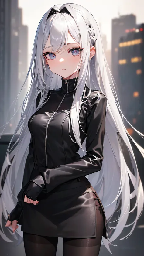 ( (Silver hair), ((Long hair))(Center parted bangs), (Cute black long sleeve outfit)(Cute mini skirt)(((Thin black pantyhose))) Background Autumn city Best quality, (Illustration 0.8), (Beautiful detailed eyes 1.6), Highly detailed face, Perfect lighting, ...