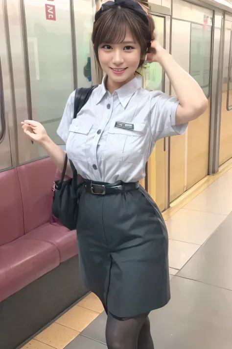 ( Masterpiece:1.2, top quality :1.2), 32kHDR, high resolution, ( alone、 in the seat)、( daytime building rooftop 、 professional lighting )、Building rooftop background、( Tokyo Metro Female Flight Attendant Uniform Lifelike Female 6 )、( Tokyo Metro Fem...