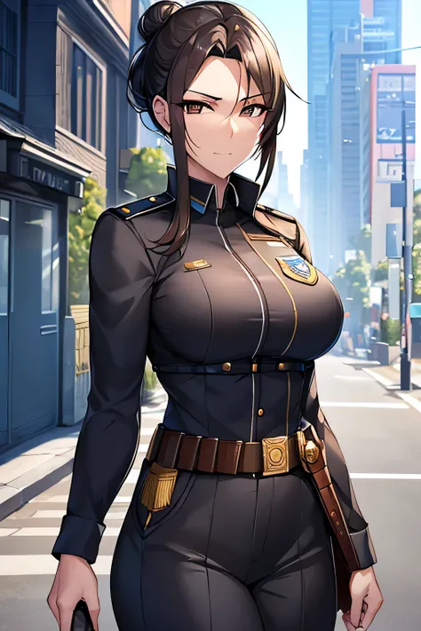 A highly detailed portrait of a female police officer with dark brown, neatly styled semi-long hair tied back in a low bun. She has warm brown eyes that exude professionalism and calmness, with a faint, polite smile that hides her calculating nature. She w...