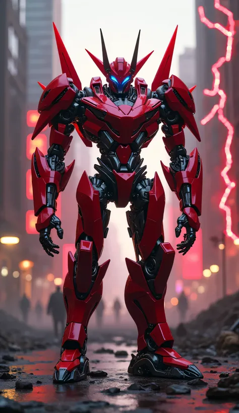 A futuristic fusion of Transformers and Sonic the Hedgehog, standing tall and powerful on a wreckage-strewn street. The character features a sleek, high-tech robotic design with a striking red metallic body, accented by sharp dark red thorns that exude ene...