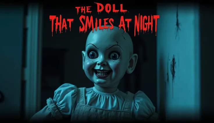 A terrifying, high-contrast horror thumbnail featuring a cracked porcelain doll with an eerie, unnatural smile. The doll’s glassy eyes gleam faintly, as if watching the viewer. The background is a dimly lit ’s bedroom with an ominous open closet, revealing...