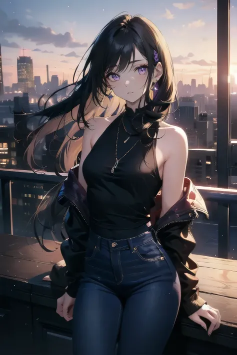 (masterpiece), (best quality), ultra detailed, finely detailed color, cenematic painting, bishoujo, model, ((one lady)), 20 years old, cute face, black hair, absurdly long hair, straight hair, violet eyes, purple eyes, standing, chocker, black hood zip-up,...