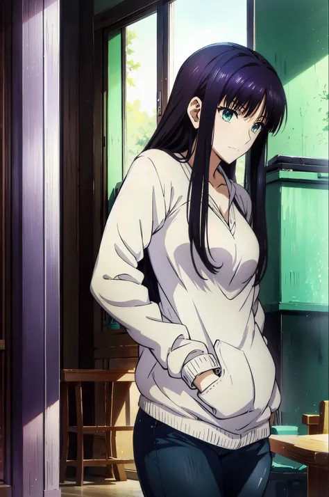 An anime girl in a white sweater and jeans is standing in a room, Another Iwakura, close up Another Iwakura, Destiny anime style /Stay, Katsuragi Misato, Hinata Hinata , Official anime scene photo , charming anime girl , anime best girl , B...