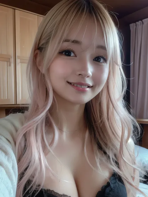  pink blond hair、A soothing face、 thin lips、Fair skin、 Black Sheer、Around 25 years old、 idol face、 selfie、 on the bed 、Thin lower lip、A soothing face、 has bangs、Soft cleavage 、Smile、 selfie at my parents' house、 white knit dress、 close your mouth,  smiles,...