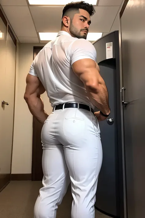 40-year-old boy Japanese muscular male in transparent white formal shirt......... short haired, bearded, wearing navy blue shiny trouser ...........gooning seductive expression.................... dripping on body and pants...................., arching bac...