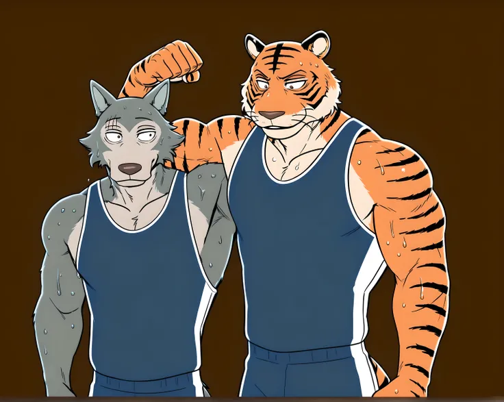 l3gosh1, beastars, male, wolf, muscular, athletic, masculine, (small eyes), BillBeastars, male, anthro, bengal tiger, tiger, beastars, brown eyes, muscular male, athletic build, orange fur, black stripes, flat color, sweaty wrestling_singlet, simple backgr...