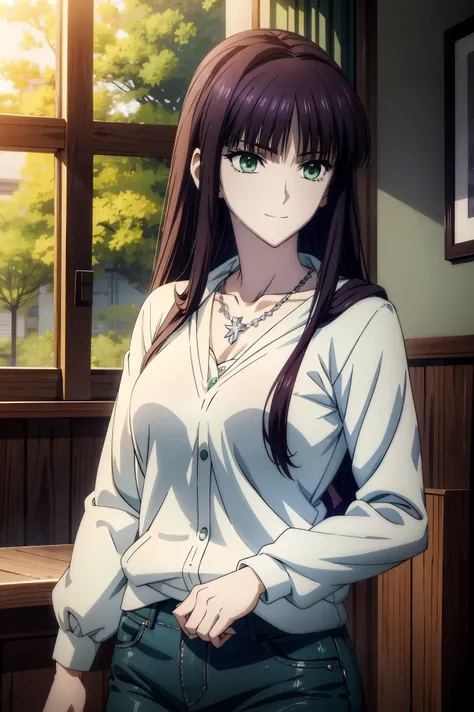  An anime girl in a white sweater and jeans is standing in a room, Another Iwakura, close up Another Iwakura, Destiny anime style  /Stay, Official anime scene photo ,  charming anime girl  ,  anime best girl  , Black Haired Girl Wearing a Hood  ,  cute ani...