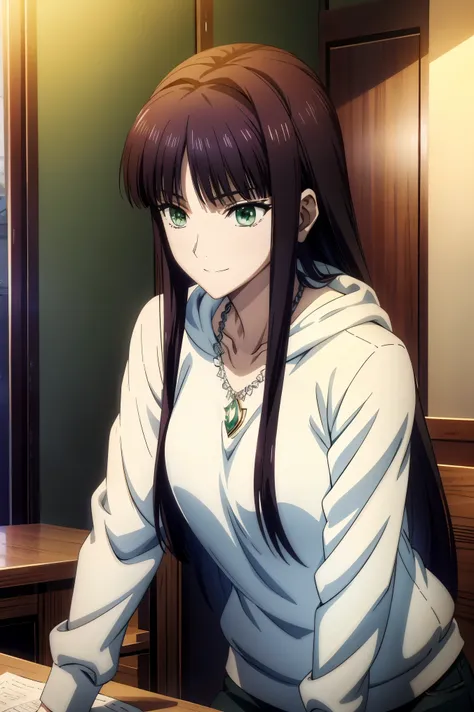  An anime girl in a white sweater and jeans is standing in a room, Another Iwakura, close up Another Iwakura, Destiny anime style  /Stay, Official anime scene photo ,  charming anime girl  ,  anime best girl  , Black Haired Girl Wearing a Hood  ,  cute ani...
