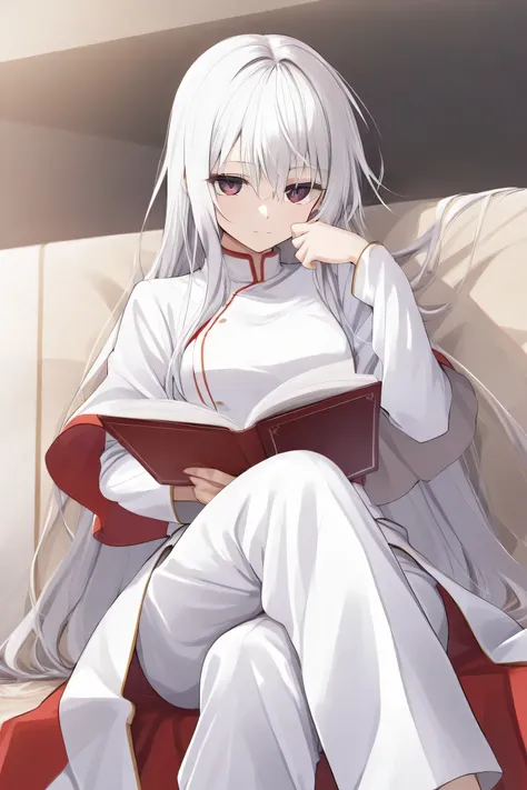 A white-haired, black-tipped teenage girl with dull red eyes in a dress, a white long-sleeved top, along with white trousers, was reading a book with a smooth complexion.