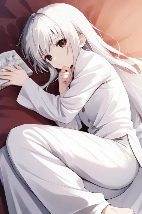 A white-haired, black-tipped teenage girl with dull red eyes in a dress, a white long-sleeved top, along with white trousers, was reading a book with a smooth complexion.