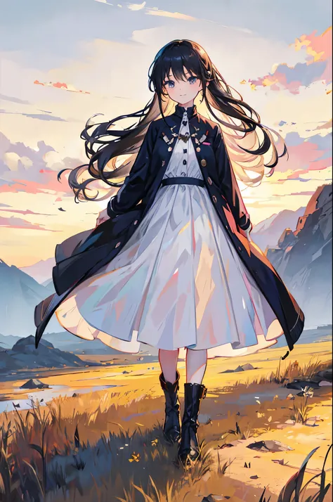 1girl standing by a creek in a vast grassland, looking at the distant scenery with a cute smile, beautiful detailed black eyes, long black hair in a low ponytail, wearing a white dress, white boots, (best quality,4k,8k,highres,masterpiece:1.2),ultra-detail...