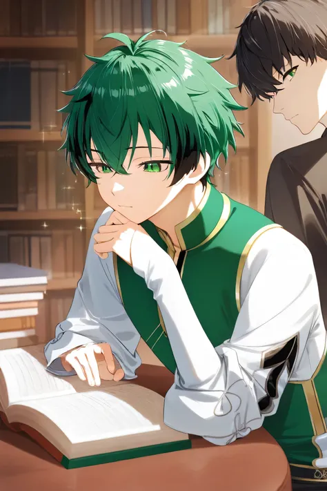 1 man,Short hair on the back, tied,Black highlights, green on the ends of the hair on the back,Sparkling emerald green eyes, wearing a white long-sleeved shirt,Sit down to read a book at the table.,In the library