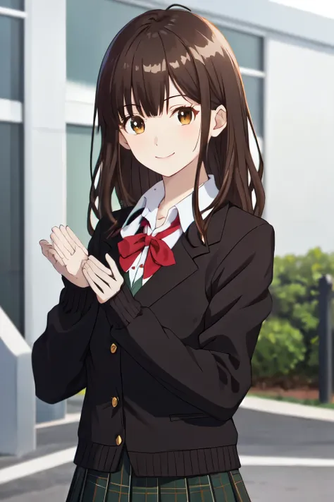  stares at the viewer,  upper body, 1 girl, Alone,  school uniform ,  blazer,  brown hair,   plaid skirt that breaks small breasts,  Long Sleeve, bangs,  take off my clothes,  OPEN JACKET,  brown eyes,  pleated skirt,  long hair, Bush,  red ribbon, Sleeves...