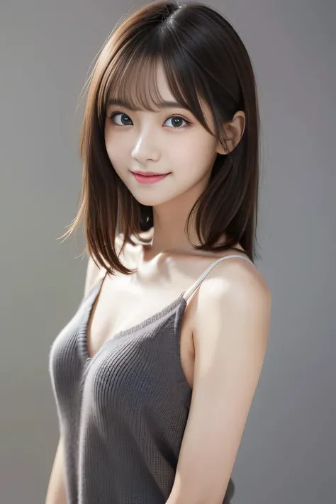 ( Masterpiece)、( top quality)、( Super detail)、 Finely Details 、 high resolution、8k wallpaper、 one woman、22 years old、 so cute、 perfect face、 beautiful and meticulous eyes、(smile)、 asymmetrical bangs、 has unkempt hair 、 Shiny Hair、navy knit 、 anatomically c...