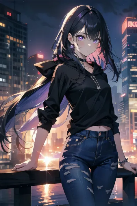 (masterpiece), (best quality), ultra detailed, finely detailed color, cenematic painting, bishoujo, model, ((one lady)), 20 years old, cute face, black hair, absurdly long hair, straight hair, violet eyes, purple eyes, standing, chocker, black hood zip-up,...