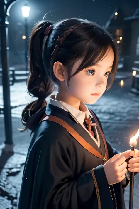  little young girl,black hair ,Harry Potter,ponytail , the wizard, has a cane,Magic School,night,Casting a Spell