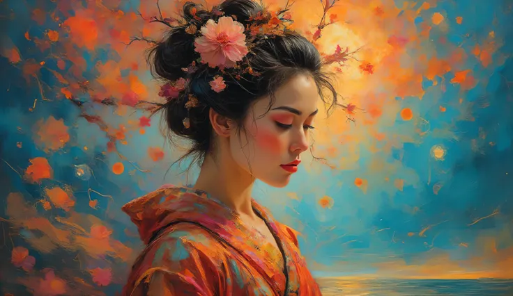 Beautiful Geisha , double exposure with blossom, glowing outer space background, dark hair, dark fantasy, intricate details, hyper detailed, Jean Baptiste Monge, Carne Griffiths, Michael Garmash, seb McKinnon, masterpiece, volumetric light