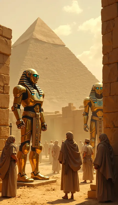 A hyper-realistic ultra HD scene of Ancient Egypt where mysterious golden mechanical golems, powered by unknown energy, assist in building the pyramid. These ancient robots have glowing blue symbols on their metallic bodies and move with incredible precisi...