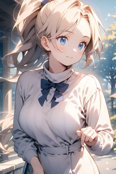 A beautifully drawn anime girl with long, flowing hair, gracefully tying it into a ponytail, She wears a casual yet stylish outfit, such as a cozy sweater or a school uniform, Her expression is calm and focused, with soft lighting illuminating her face, Th...