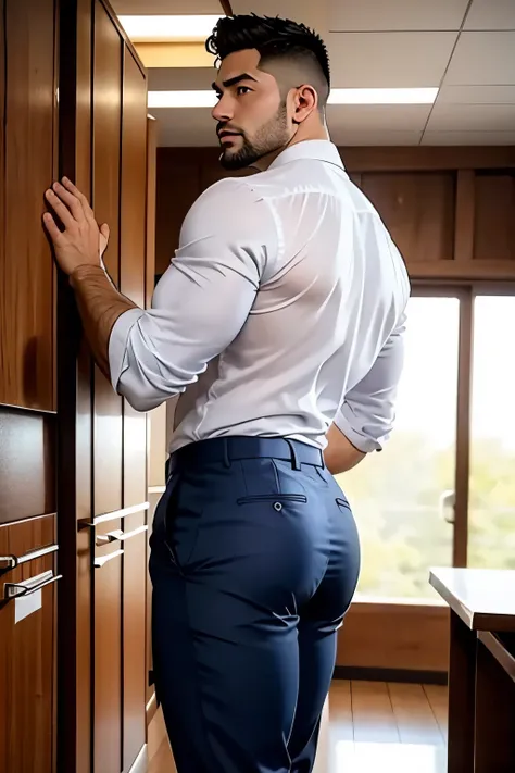 40-year-old boy Japanese muscular male in transparent white formal shirt......... short haired, bearded, wearing navy blue shiny trouser ...........gooning seductive expression.................... dripping on body and pants...................., arching bac...