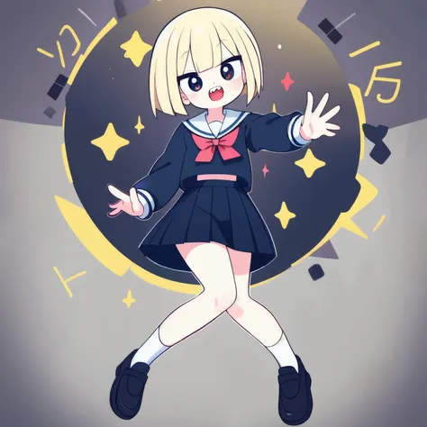  blonde, bob hair, sailor suit, mini skirt, has round and round eyes, double teeth, cute,8k, high image quality,Full body portrait,Rock band vocals who sing pop punk 