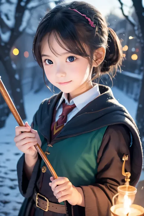  little young girl,black hair ,Harry Potter,ponytail , the wizard, has a cane,Magic School,night,Casting a Spell,The cane emits a green flash