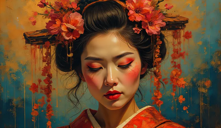 Beautiful Geisha , double exposure with blossom, glowing outer space background, dark hair, dark fantasy, intricate details, hyper detailed, Jean Baptiste Monge, Carne Griffiths, Michael Garmash, seb McKinnon, masterpiece, volumetric light, interpretation...