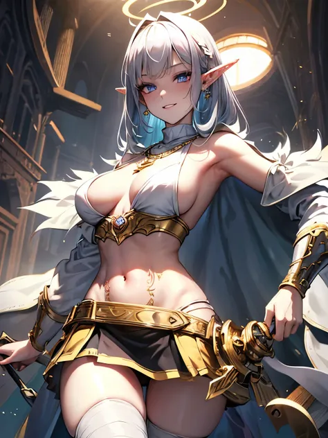 Idol style，Succubus，baby， Premium style，Master's work，16k， HD，Scary smile，Silver Hair，noble，Mink scarf，crutch， full body shot ，Golden Light，Premium cape， necklace，belt， blush，Halo， Sexy figure ，Show off your lower chest，Divine Light，Light and Shadow，Domine...