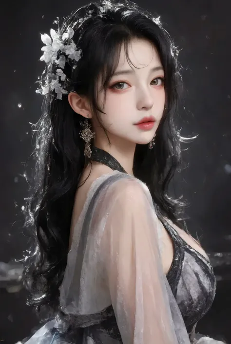 on dark background ,High-quality photography, wet texture,frost, studio photography ,engraving,Shallow depth of field,Vignette, super detailed,High Budget,Bokeh,Wide cinema ,epic,Colorful,whole body, film grain , long black slightly curly hair,Standing by...