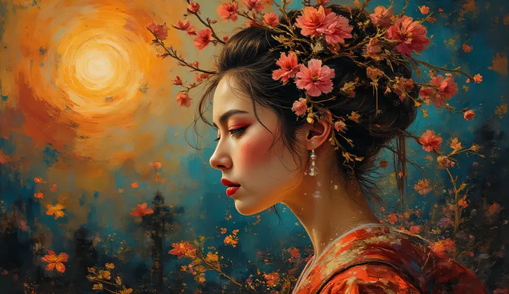  Beautiful Geisha , double exposure with blossom, glowing outer space background, dark hair, dark fantasy, intricate details, hyper detailed, Jean Baptiste Monge, Carne Griffiths, Michael Garmash, seb McKinnon, masterpiece, volumetric light, interpretation...