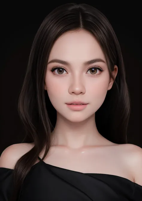 64K high res, ultra hd posture:32K, real skin, A girl with a thin nose, thick,  tru color scence, slightly soft pink lips color and very long, wavy black hair, with a very small waist, and a fitted dress, with a dominant look and big brown eyes with little...