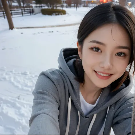 Selfie vision ，woman，outdoor，Snow， Black Hoodie ， jeans ， smile and look at the camera，Perfect face， exquisite facial features，Perfect hands， the sun is shining，Individual photos， black short hair，Chinese