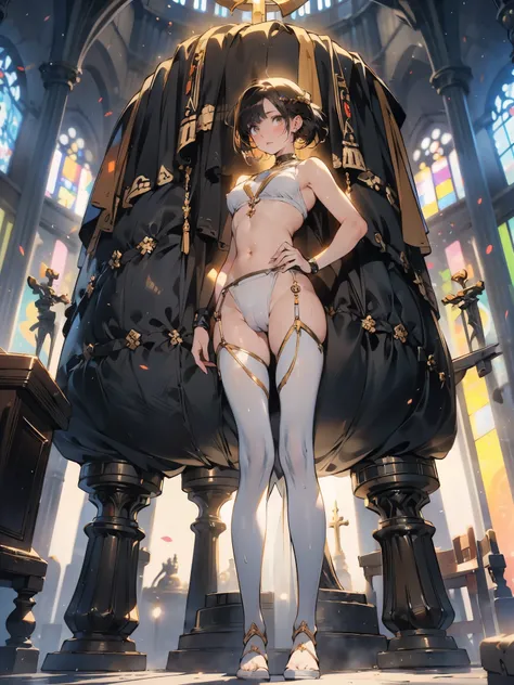 anime - style illustration of a woman in a white thong underwear, shirtless:1.5, amber color eyes, video game character, official character art, trending on cgstation, e-girl, feminine, full body, female action anime girl, (standing posing:1.5), sweaty:1.7...