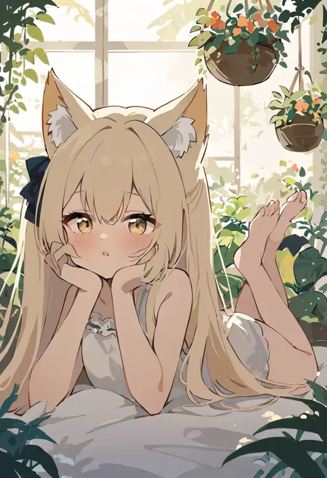  1 girl, fox girl ,  yellow eyes,Yellow fox ears,　Yellow Hair,  long hair,  fox ears ears,  hair bow,  sleeveless shirt ,  shoulder out,  frilly dress,  shorts,  barefoot, 
 lies, On the stomach,  headrest,  fox ears, animal, 
 indoors,   window, sunlight,...