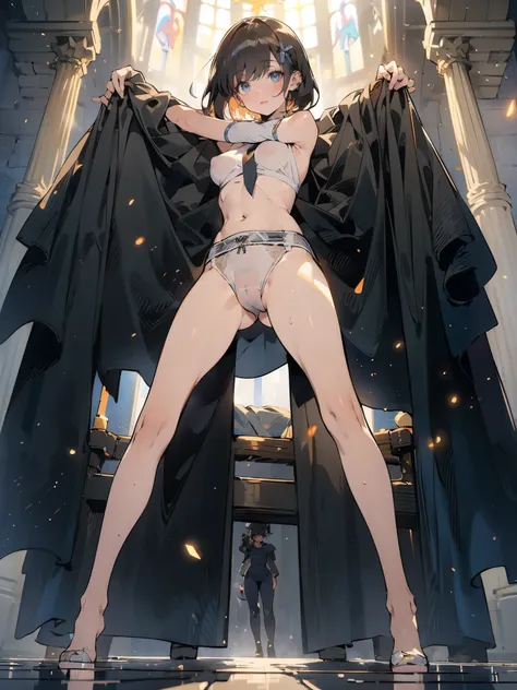 anime - style illustration of a woman in a white thong underwear, shirtless:1.5, amber color eyes, video game character, official character art, trending on cgstation, e-girl, feminine, full body, female action anime girl, (standing and spread legs posing:...