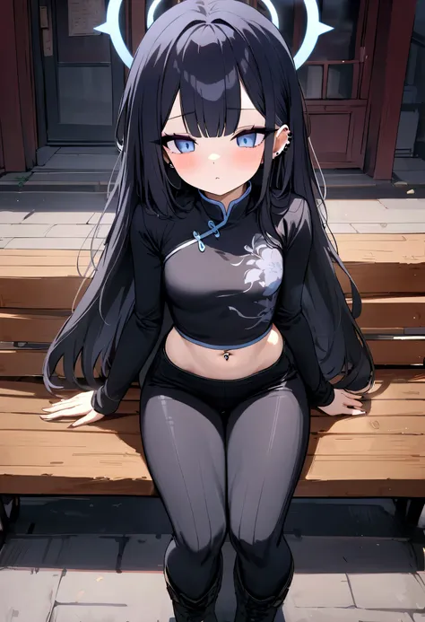 female, slim, bangs, black crop top, black combat boots, navel piercing, stud ear piercing, black mascara, dark blue eyeshadow, light blue eyes, tight black leggings, confident demeanor, looking down at veiwer, sitting on bench on street, HD detail, balanc...