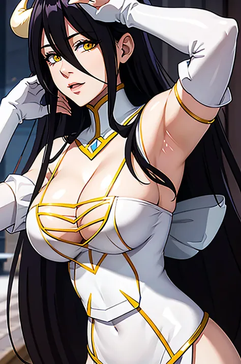 Albedo, age 25, pure white skin, white horns, yellow eyes, black long hair, perfect face, perfect shape body, huge breasts, big cleavage, exposing out, in a white royal dress, bridal gauntlets, 3d, 8k hdr