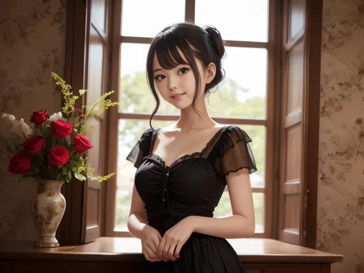 1 Nogizaka Girl ,  so cute, , ( Lolita Fashion ),  exquisite painted beautiful face and eyes 、 and Skin ,  detailed black shiny hair , Elegant frills,  ( smiling at the camera ), (cowboy shot), (European Castles),  Professional Lighting, break, ( by Nomi, ...