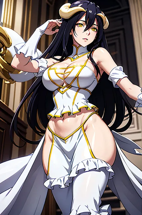 Albedo, age 28, pure white skin, white horns, yellow eyes, black long hair, perfect face, perfect shape body, huge breasts, big cleavage, exposing out, in a white royal dress, bridal gauntlets, 3d, realistic, 8k hdr