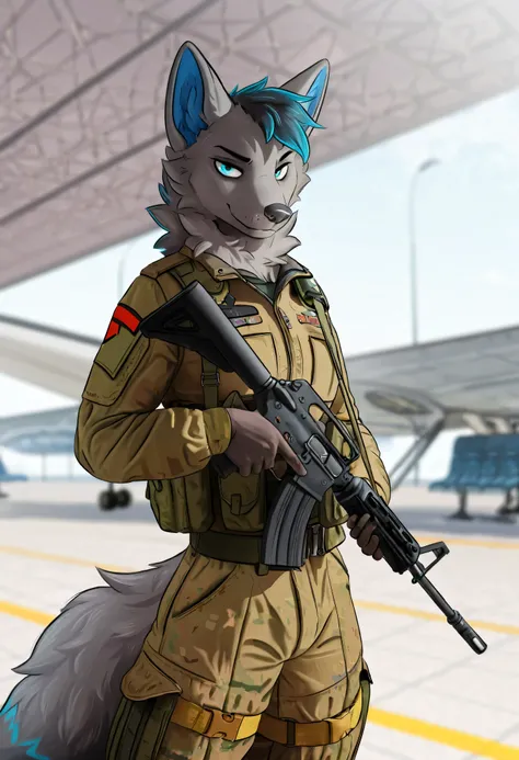 masterpiece, best quality, amazing quality, very aesthetic, high resolution, ultra-detailed, absurdres, newest, scenery, furry, body fur, YuriOC, grey fur, male, solo, military suit, military clothed, blue eyes, airport, standing, looking at viewer, outsid...