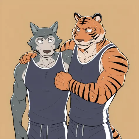 l3gosh1, beastars, male, wolf, muscular, athletic, masculine, (small eyes), BillBeastars, male, anthro, bengal tiger, tiger, beastars, brown eyes, muscular male, athletic build, orange fur, black stripes, flat color, sweaty wrestling_singlet, simple backgr...
