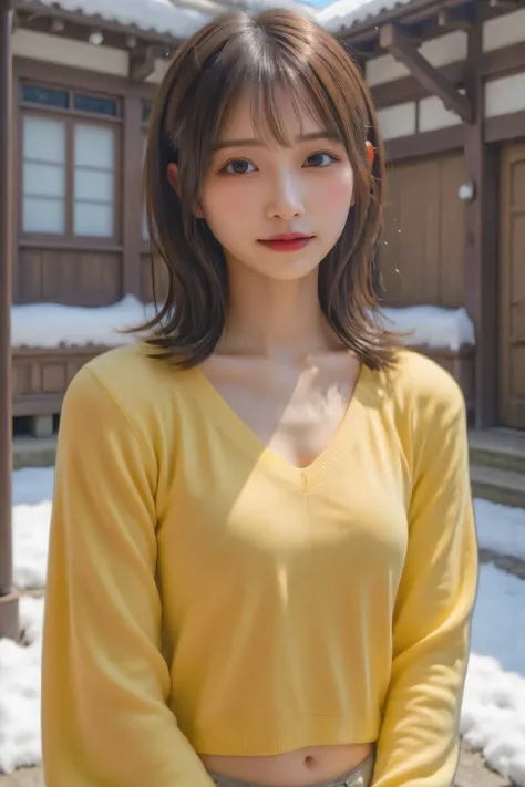 top quality, (High quality 8K, masterpiece:1.21), Beautiful Japanese Woman, breathtakingly beautiful pictures, UNREALISTIC AND ABSURD QUALITY, SHE'S IN FRONT OF A SNOWY JAPANESE TRADITIONAL HOUSE FROM THE TAISHO ERA:1.331, Brown Hair, slender body:1.331, t...