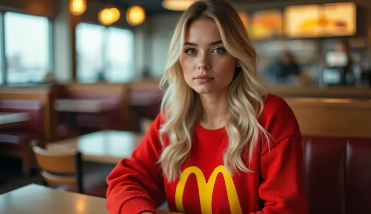 25 year old blonde Ukrainian woman in McDonald's with big breasts in a McDonald's sweater close-up real photo