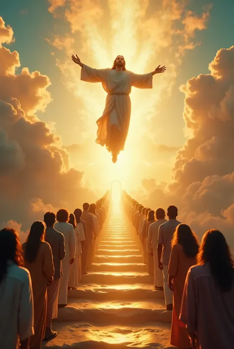 Jesus floating in the air with arms wide open, bathed in a divine golden glow, symbolizing redemption and eternal love. His gentle yet firm gaze looks down upon the people below, radiating unconditional care and hope. A luminous staircase made of light and...