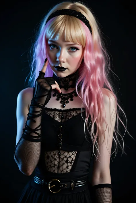 A goth woman stands out against a simple black background, her multicolored long blonde hair - featuring pink and purple hues - cascading down her back like a gradient. blonde hair extensions frame her face, with a hairband keeping the rest of her locks in...