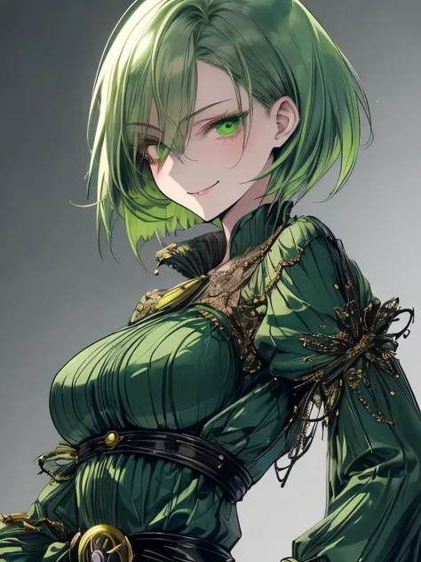 adult woman, beautiful, detailed,  green hair, anime, Fantasy, cold eyes,  short hair, tall bust size, human. Image from the top of the hair to the waist. Provocative and slightly sarcastic smile