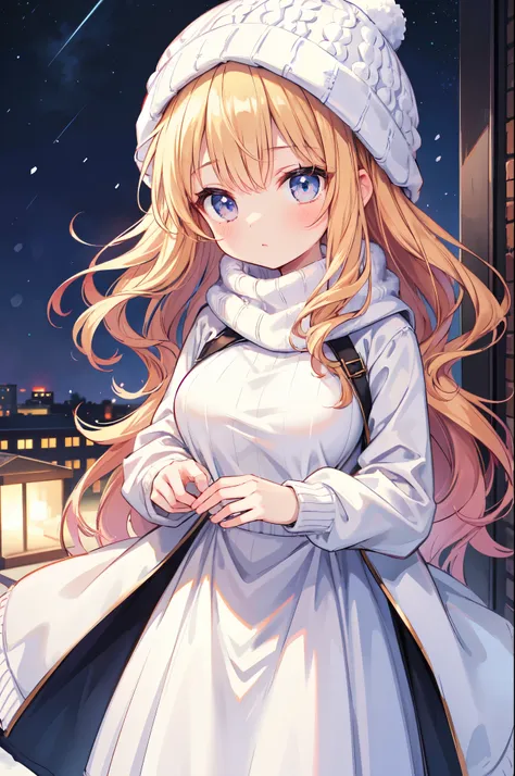 ( high quality)、(( Super detail))、(Ultra delicate)、 petite girl、 Golden curly hair 、Soft and fluffy、White knit hat、 white sweater from slightly above、Big Breasts、 white breath 、 superior、Winter Scenery、night